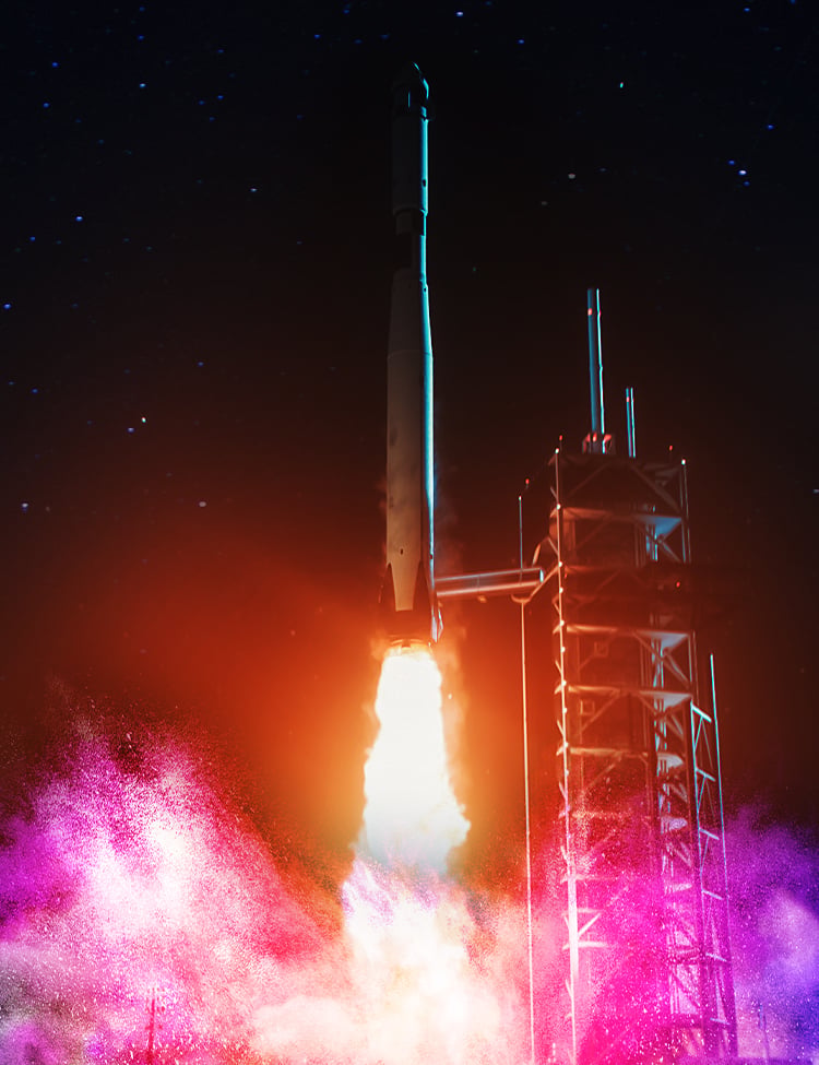 Rocket lifting off with colorful smoke